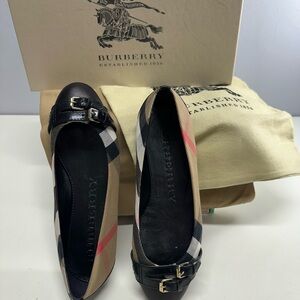 Burberry Beige Check Ballet Flats with Black Patent Toe and Red Accent
